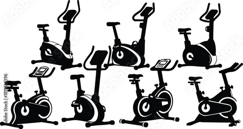 Exercise bikes vector set showing different models and angles for fitness workouts and indoor cycling designs 