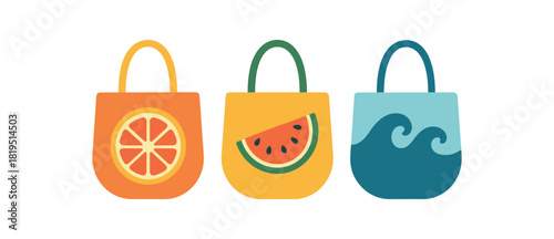 Flat vector illustration summer tote bags with fruit or wave motifs rounded shapes colorful palette