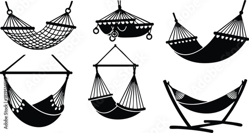 Collection of black silhouette hammocks in various styles and hanging positions vector illustration 