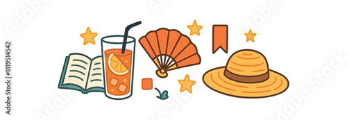Cozy summer flat vector illustration collection of cute seasonal icons summer reading: book iced tea glass hand fan straw hat bookmark stars arranged horizontal composition handdrawn