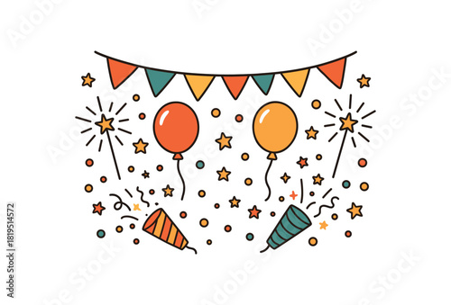 Cozy summer flat vector illustration collection of cute seasonal icons sparklers confetti stars bunting garland balloons party crackers dots arranged horizontal composition handdrawn