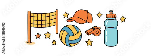 Cozy summer flat vector illustration collection of cute seasonal icons beach volleyball: net ball cap whistle icon water bottle stars arranged horizontal composition handdrawn outlines