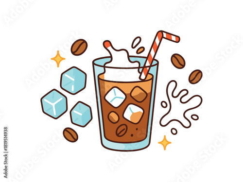 Cozy summer flat vector illustration collection of cute seasonal icons iced coffee glass ice cubes straw coffee beans milk splash sparkles arranged horizontal composition handdrawn outlines