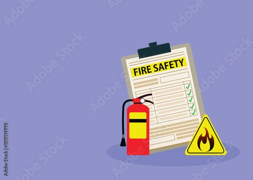 Fire fighting checklist. Extinguisher and paper tablet with checkmarks. Document at clipboard. Firefighting safety. Flame prevention checklist page. Extinguishing guidance 