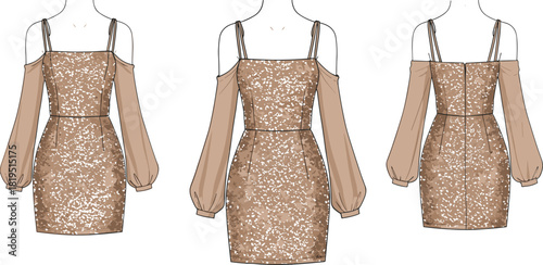 Elegant women’s sequin mini dress with cold-shoulder chiffon sleeves, fitted silhouette, party fashion technical flat vector illustration design