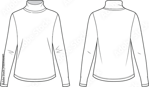 Women’s classic long-sleeve turtleneck top with clean minimal silhouette, essential winter layering piece, technical fashion flat vector illustration design