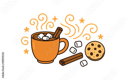 Cozy autumn flat vector illustration collection of cute seasonal icons hot cocoa mug marshmallows cinnamon stick cookie steam swirls stars arranged horizontal composition handdrawn outlines