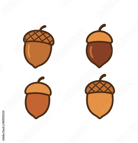 Flat vector illustration 4 acorns and chestnuts mix with simple caps rounded forms clean outline autumn style