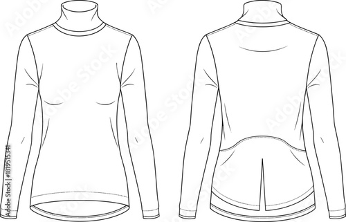 Women’s fitted turtleneck long-sleeve top with curved back seam detail, clean minimal silhouette, technical fashion flat vector garment illustration