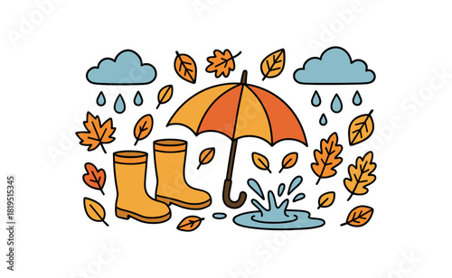 Cozy autumn flat vector illustration collection of cute seasonal icons rain umbrella puddle splash raindrops clouds leaves arranged horizontal composition handdrawn outlines bright color