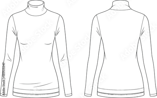 Women’s fitted turtleneck long-sleeve top with clean smooth silhouette, essential winter layering piece, technical fashion flat vector illustration design