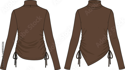 Women’s long-sleeve turtleneck top with ruched drawstring sides and angled asymmetric hem, stylish technical fashion flat vector illustration design