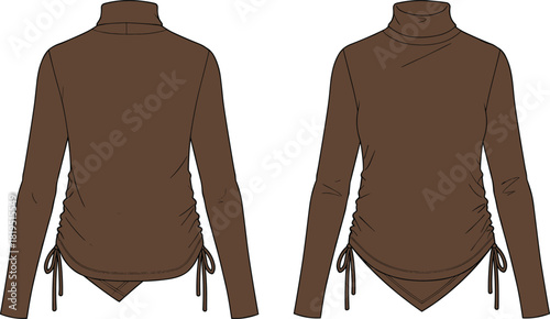 Women’s long-sleeve turtleneck top with ruched drawstring sides and pointed asymmetric hem, technical fashion flat vector garment illustration