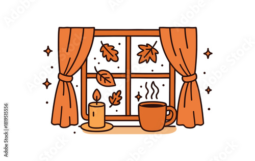 Cozy autumn flat vector illustration collection of cute seasonal icons window with falling leaves candle on sill mug curtains sparkle dots arranged horizontal composition handdrawn outlines