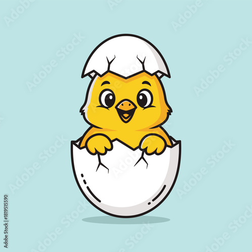 A cute yellow cartoon baby chick happily hatching from a cracked white eggshell.