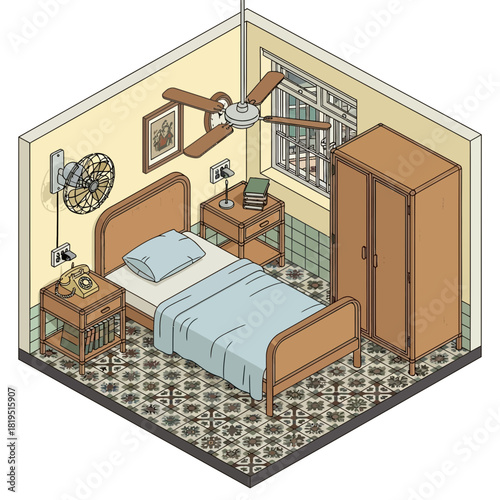 Isometric vintage bedroom illustration with retro furnishings and decorations