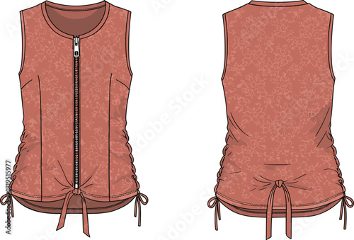Women’s sleeveless zip-front top with floral textured fabric, ruched side ties, waist tie detail, fashion technical flat illustration