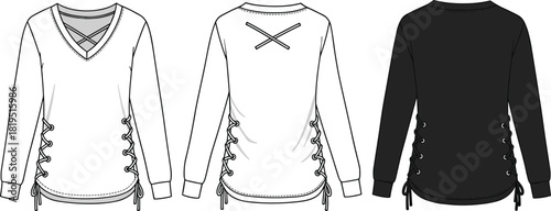 Women’s V-neck long-sleeve top with crossed front straps, lace-up side details, decorative back strap motif, fashion technical illustration