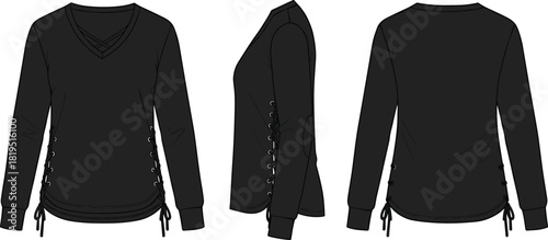 Women’s V-neck long-sleeve top with lace-up side details, clean solid design, technical fashion flat vector garment illustration