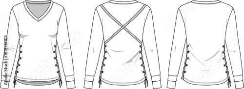 Women’s V-neck long-sleeve top with lace-up side details, crossed back straps, stylish technical fashion flat vector garment illustration design