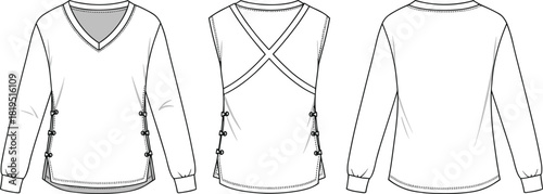 Women’s V-neck long-sleeve top with lace-up side details, open crossed-back straps, stylish technical fashion flat vector garment illustration
