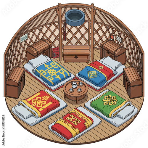 Traditional nomadic dwelling Yurt interior, sleeping arrangement around coffee table