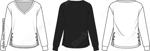 Women’s V-neck long-sleeve top with lace-up side details, relaxed silhouette, technical fashion flat vector garment illustration design