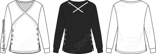 Women’s wrap-front long-sleeve top with lace-up side details, crossed back straps, technical fashion flat vector apparel illustration design