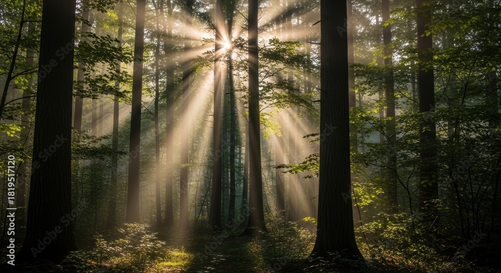 Fototapeta premium Sunbeams piercing through a misty forest creating a magical morning scene