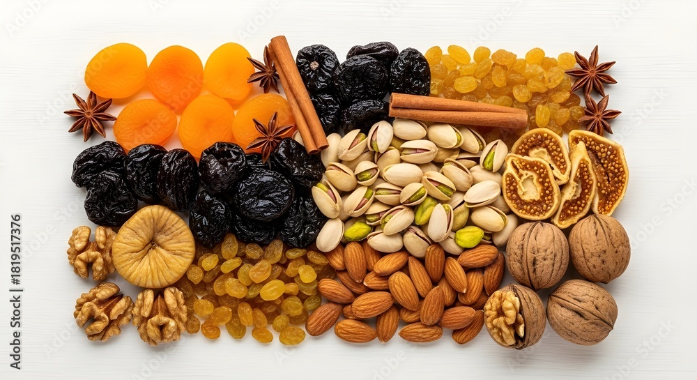 Obraz premium mixed dry fruits, dry fruit bowl, nuts and fruits, apricot, black raisins, prunes, almonds, walnuts, cinnamon sticks, dried snacks, healthy snacks, organic dry fruits, natural food, dried fruit mix, f