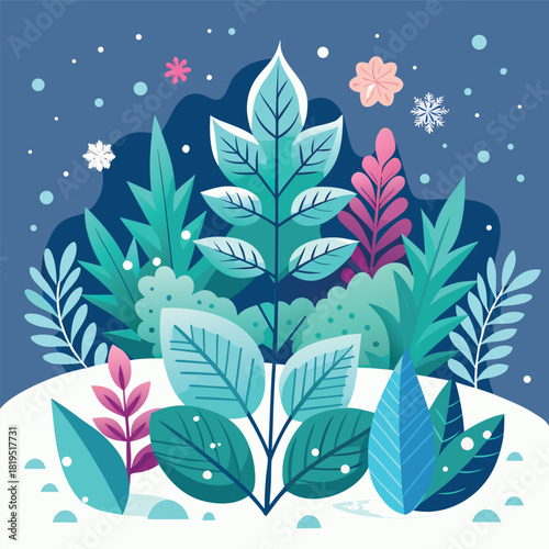 “Cozy winter landscape illustration with a small cabin, snowy hills, pine trees, crescent moon, soft glowing windows, and falling snow — flat vector style, smooth gradients, bright cool colors.