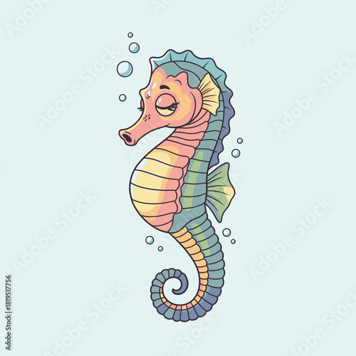 A colorful illustration of a seahorse with a curved body, bubbles, and a light blue background.