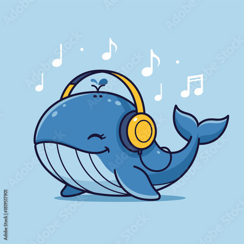 Cartoon whale with headphones listening to music notes on a blue background.