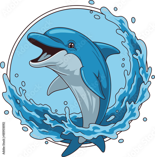 A cheerful cartoon dolphin joyfully leaping from splashing blue water within a circular frame.