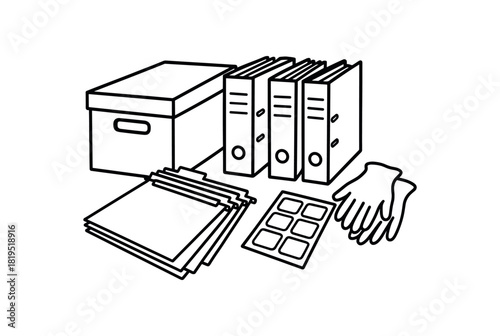 flat vector handdrawn black and white bold clean outlines white background stationery desk archive box folders dividers label sheet blank gloves no logos