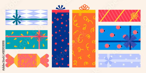 Cartoon Color Different Shapes Christmas Gift Boxes Set Xmas Celebration Concept Flat Design Style. Vector illustration