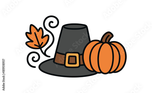 Cute doodle autumn holidays collection flat vector illustration bold handdrawn outlines bright solid fills isolated on white clean white space sticker style minimal detail pilgrims hat with