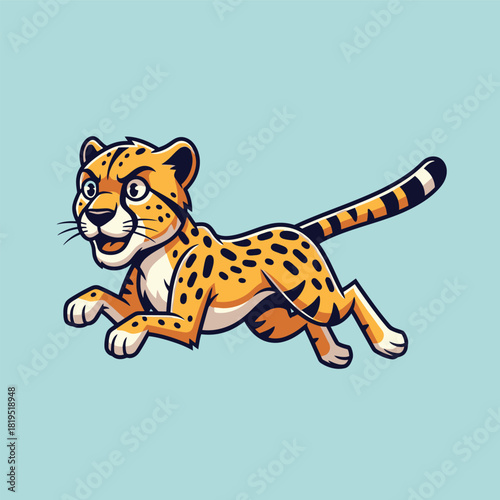 Cartoon illustration of a fast-running cheetah with spots and a striped tail on a light blue background, depicting speed and agility.