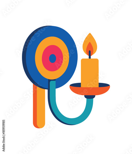 Flat vector illustration of colorful wallmounted candle holder with vivid accents rounded form minimal details