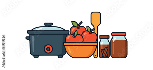 Flat vector butter kit: slow cooker apples bowl spice jar spatula jars bright vibrant palette clean outlines minimal centered isolated on white no logos