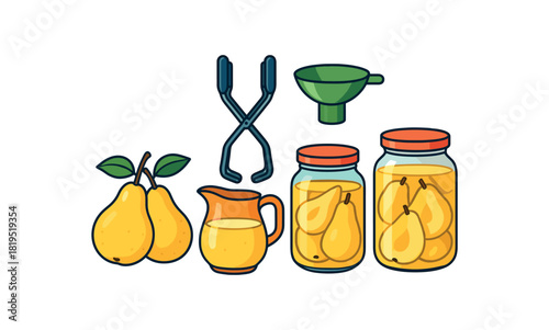 Flat vector pears syrup: pears sugar syrup jug jar lifter funnel jars bright vibrant palette clean outlines minimal centered isolated on white no logos