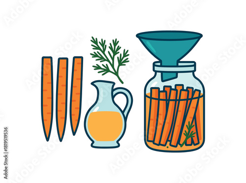 Flat vector pickled carrots: carrot sticks dill vinegar jug jar funnel bright vibrant palette clean outlines minimal centered isolated on white no logos