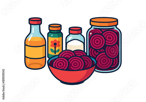 Flat vector pickled beets: beet bowl vinegar sugar jar spice tin jars bright vibrant palette clean outlines minimal centered isolated on white no logos