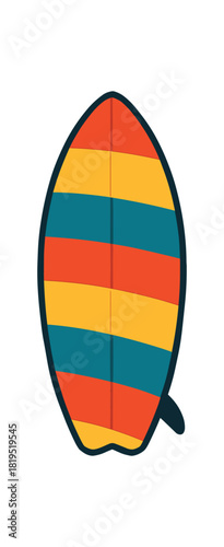 Flat vector illustration of colorful surfing board with vivid stripes rounded silhouette sporty theme