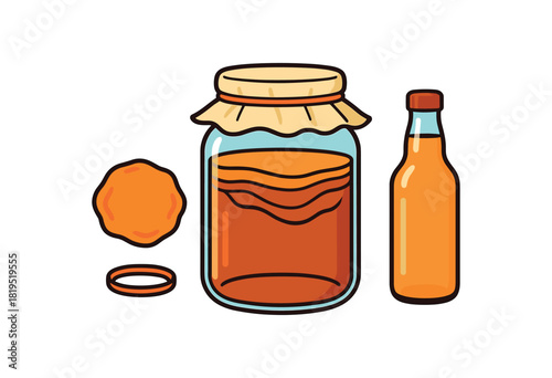 Flat vector kombucha brewing: glass jar scoby tea bottle cloth cover rubber band bright vibrant palette clean outlines minimal centered isolated on white no logos