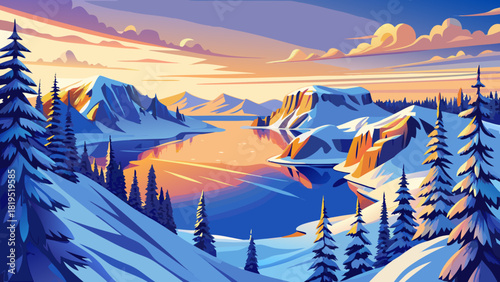 Very beautiful winter view of Crater Lake, Oregon, at sunrise, showcasing the deep blue lake surrounded by snow-covered cliffs, with soft golden light illuminating the pristine volcanic landscape.