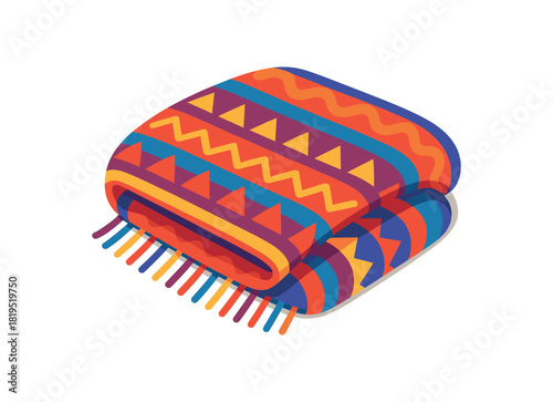 Flat vector illustration of colorful throw blanket with vivid pattern rounded folded shape clean vector style