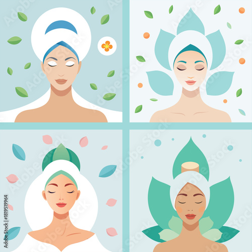 Beautiful woman getting facial mask spa treatment illustration set