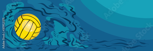 A yellow water polo ball in a pool. Template and free space for advertising and announcements the competition. Sports equipment. Vector image of waves and reflections in water background in flat style