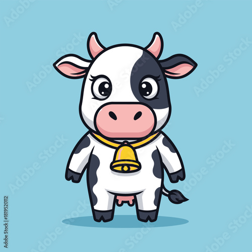 Cute cartoon cow with black and white spots, wearing a golden bell collar, standing on a blue background.